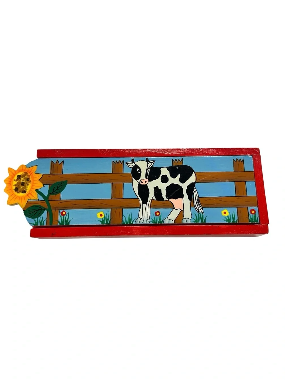 Vintage Hand Painted Cow Farmhouse Wooden Sliding Lid Storage Box Decor